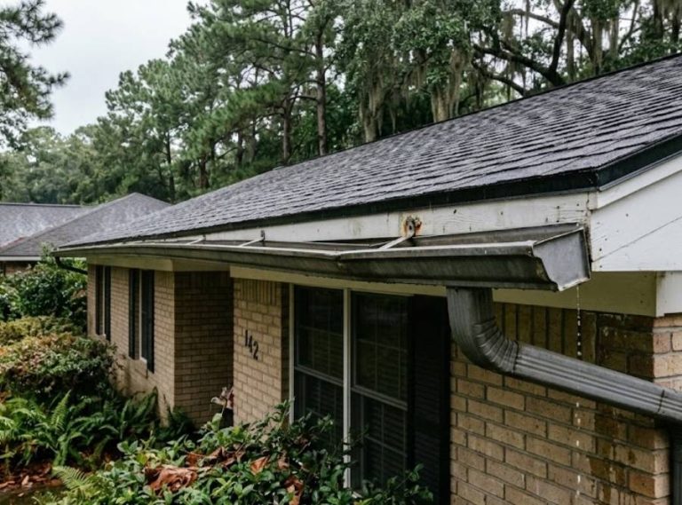 Aging aluminum gutter with minor corner leak and rust on a home in Bloomingdale Georgia