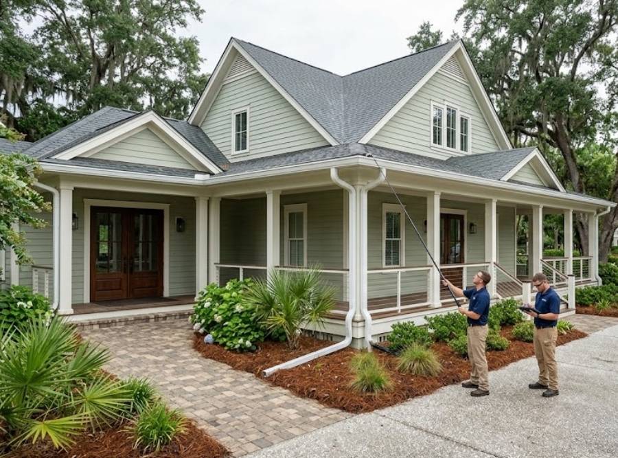 Professional gutter inspection and maintenance for commercial property in Bluffton, South Carolina.