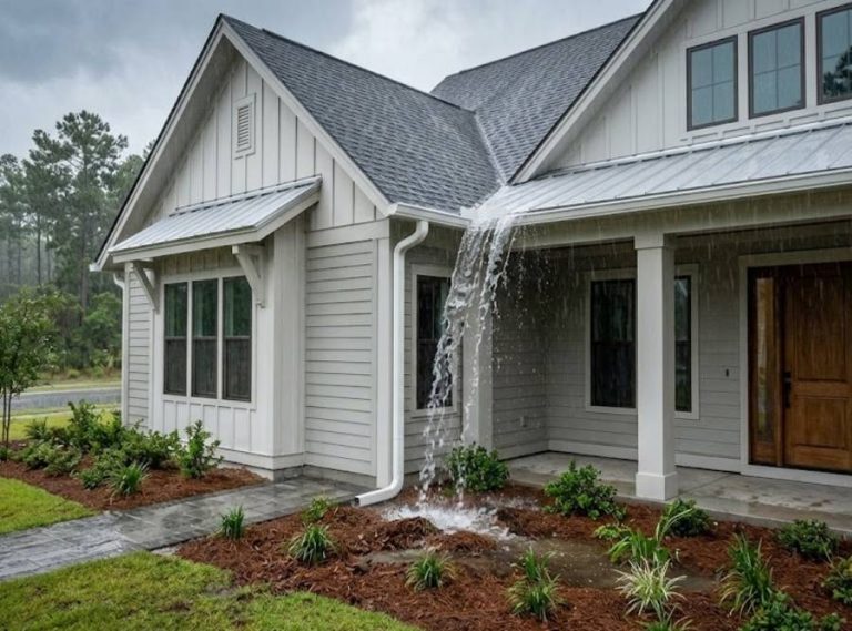 Clean seamless gutters overflowing at a roof valley on a new Bluffton Lowcountry home during a heavy storm.