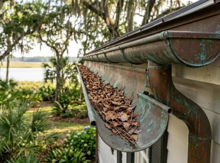 Half-round copper gutters filled with dry oak leaves on a historic home in Isle of Hope GA.