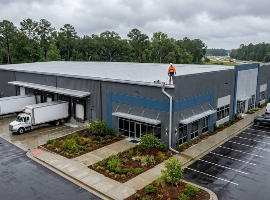 Technician inspecting commercial seamless gutters and drainage on a warehouse building in Bloomingdale, Georgia.