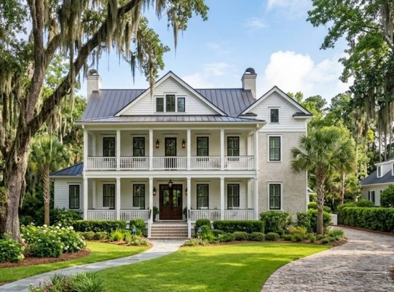 Custom white plantation-style luxury home with seamless gutters and Spanish moss oaks in Palmetto Bluff.