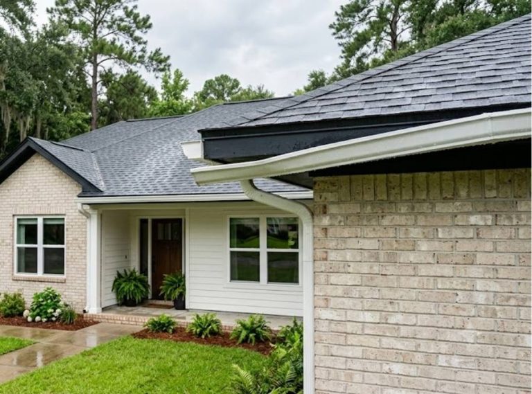 Single-story Bloomingdale, GA home with sagging white seamless aluminum gutters needing repair