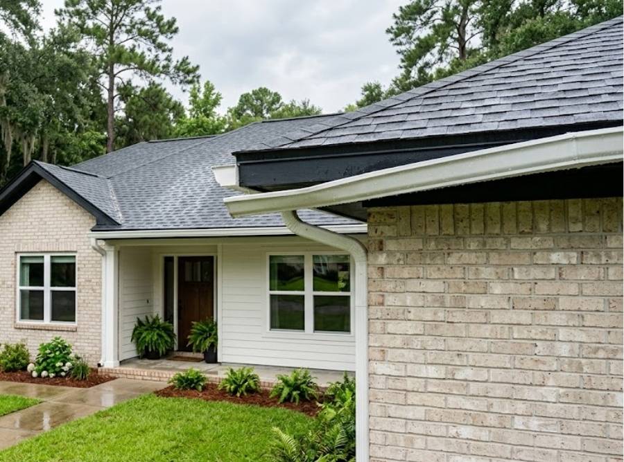 Single-story Bloomingdale, GA home with sagging white seamless aluminum gutters needing repair