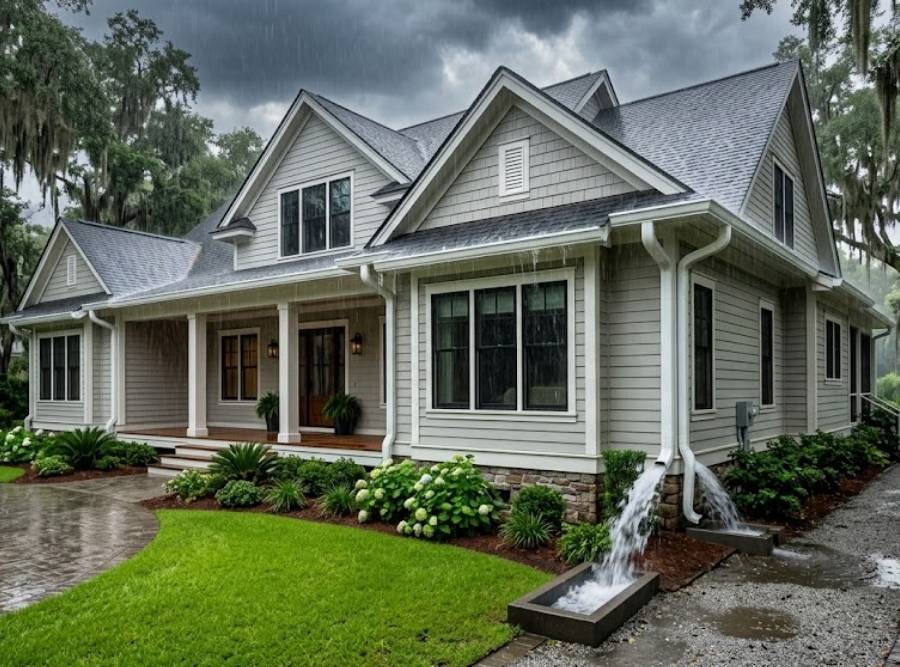 Single-family Lowcountry home in Ridgeland SC with seamless white aluminum gutters managing heavy rainstorm runoff safely away from the foundation.
