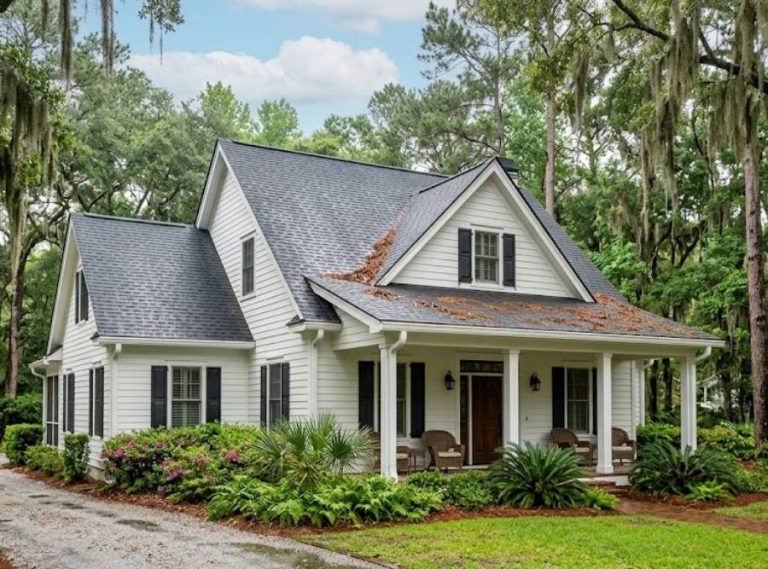 Traditional South Carolina home with seamless white gutters and dark gray shingle roof in Ridgeland.