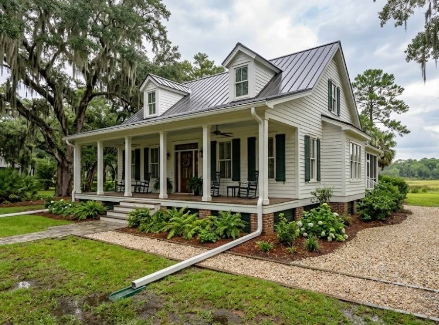Traditional home in Ridgeland, SC with white seamless gutters and extended downspouts draining post-rain water safely from the foundation.